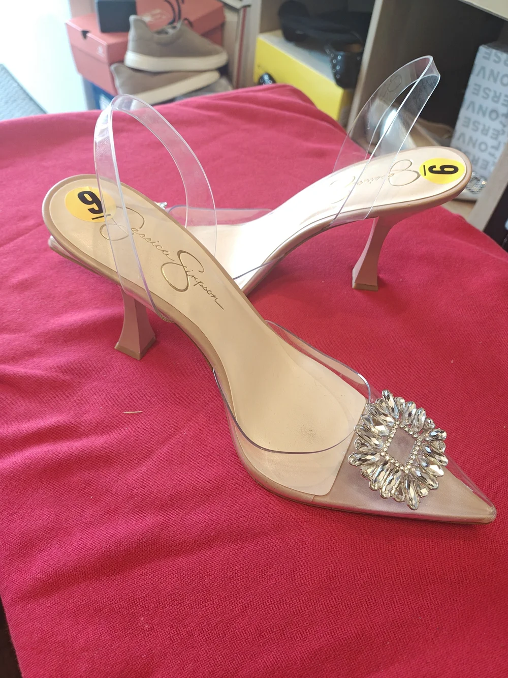 Jessica Simpson Clear PVC Slingback Heels with Crystal Brooch - Nude